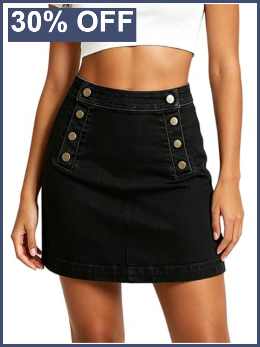 Belle Poque Denim Mini Skirt High Waist Button Front A-Line Cotton Blend